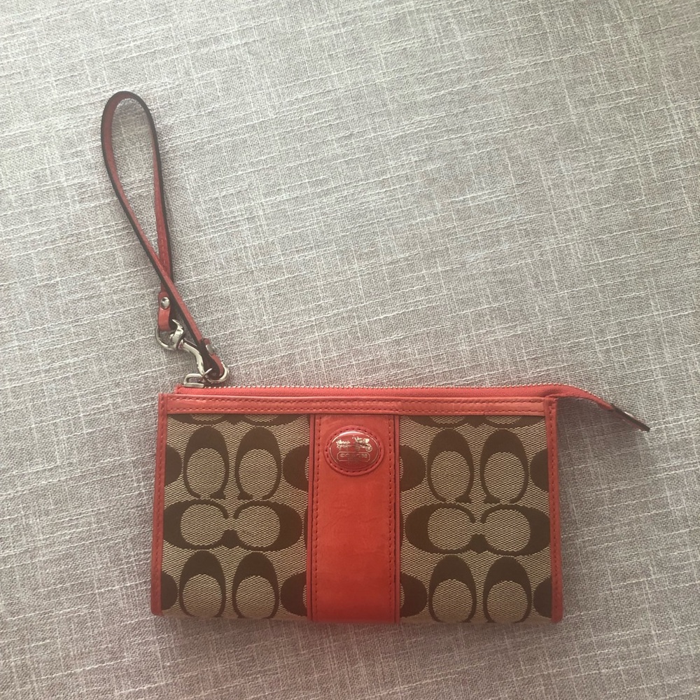 Coach Signature Khaki Coral Wristlet Wallet